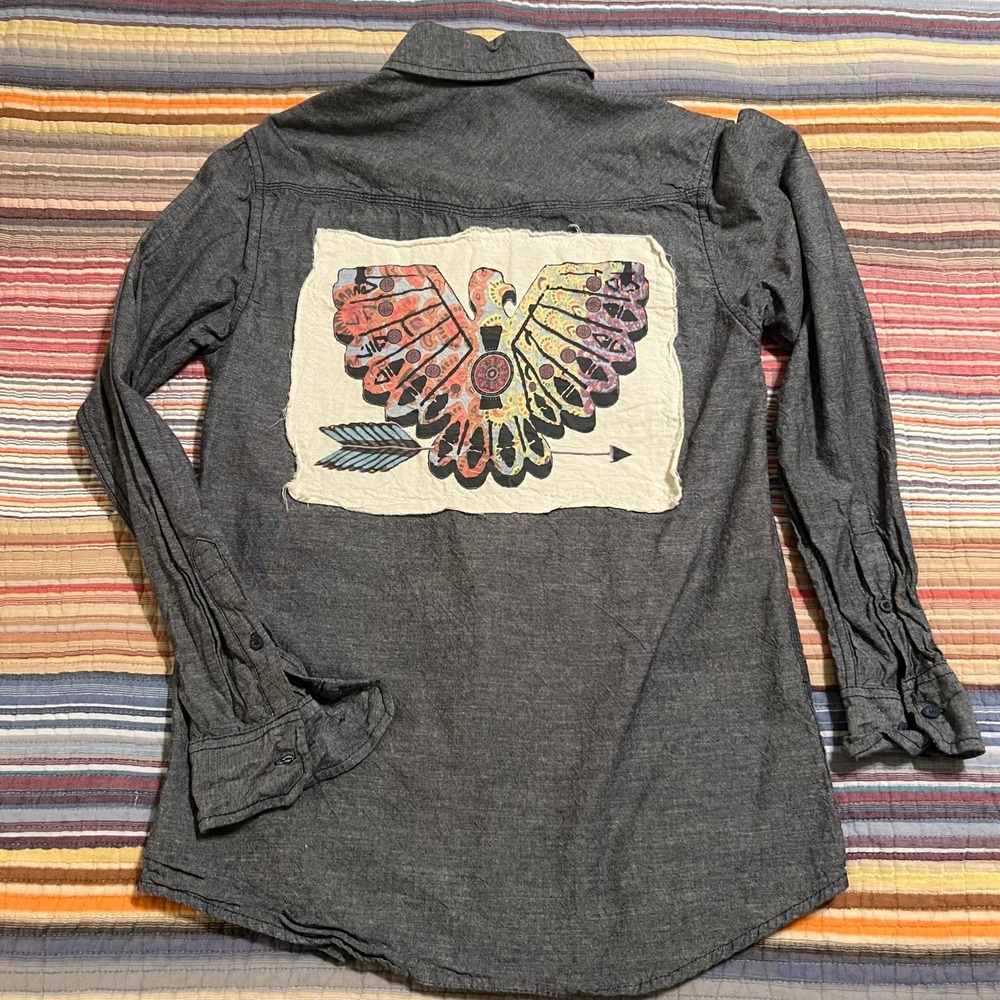 Burnside Mens Size S Long Sleeve Button Down‎ Shirt Eagle Graphic Denim Modified